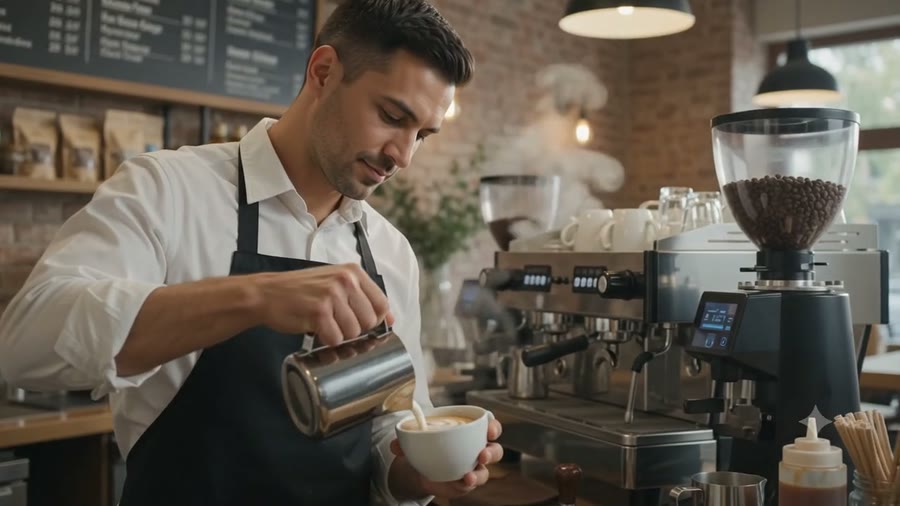 Barista de avental despejando leite vaporizado numa xícara ao lado da máquina de espresso.