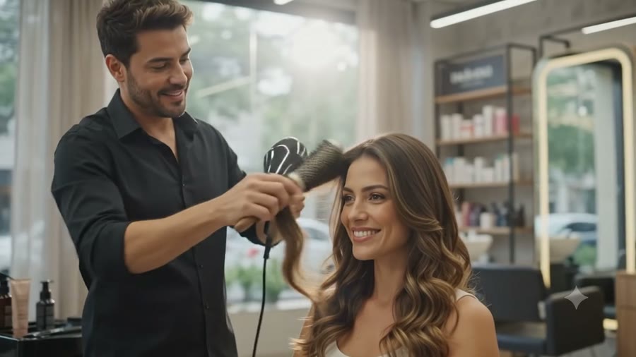 Cabeleireiro finalizando o cabelo de uma cliente sentada na cadeira do salão, com a bancada de produtos ao fundo.